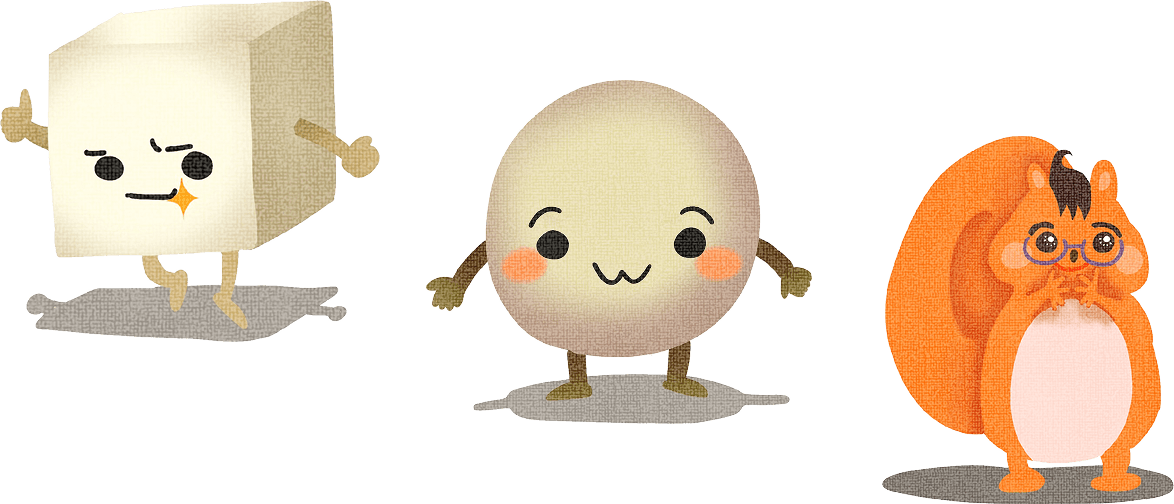 キャラクター(豆腐、大豆、リス)のイラスト